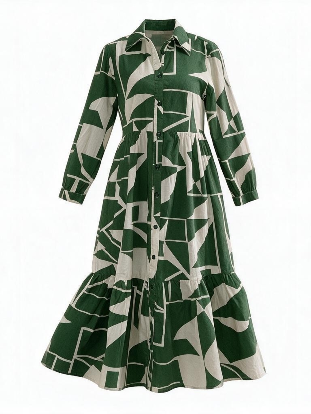 Zara Green and Cream Geometric Button-Front Long Sleeve Dress